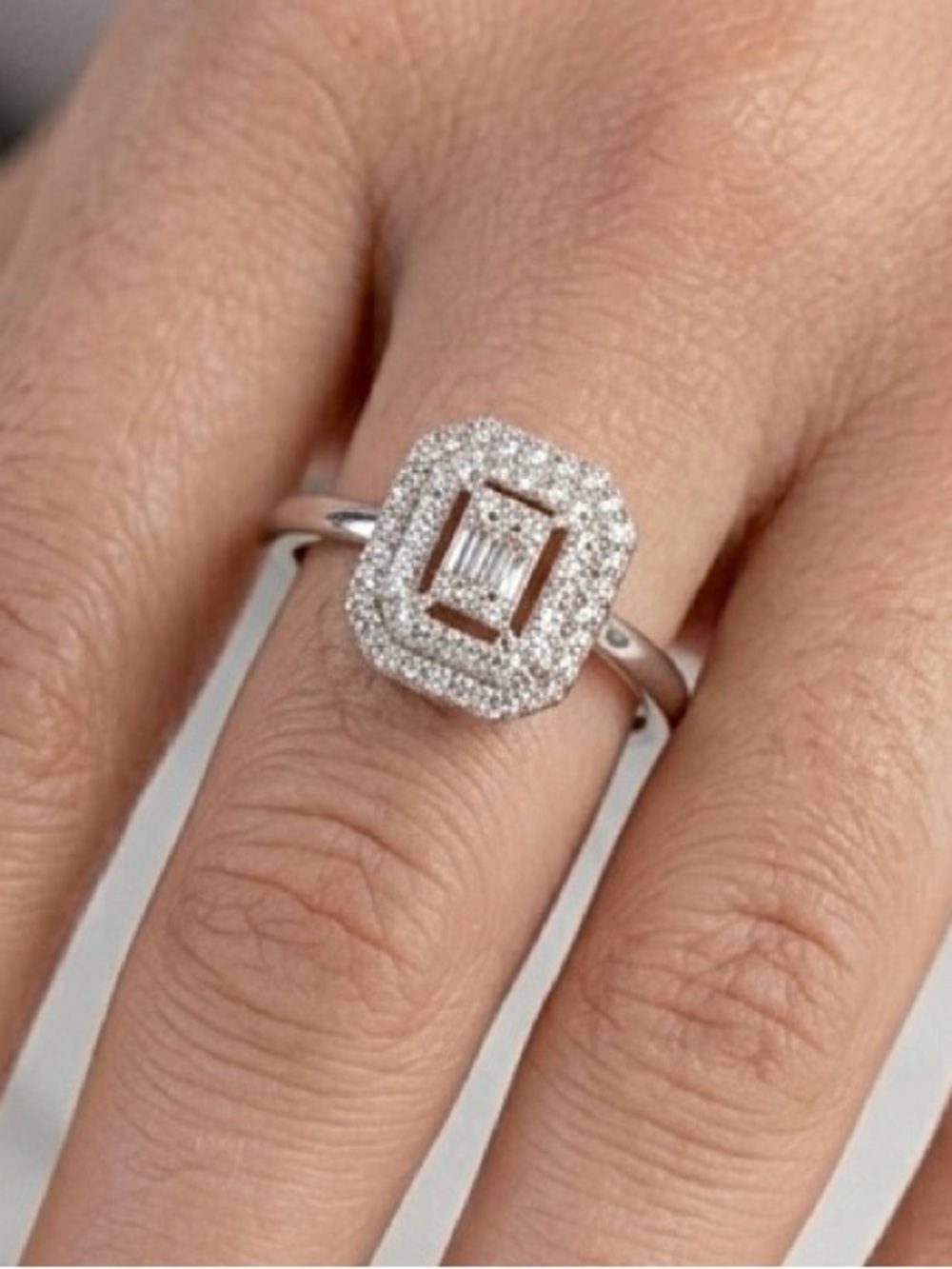 Platinum Plated Emerald Shape Double Halo Baguette CZ Ring | Silver Tone Luxury